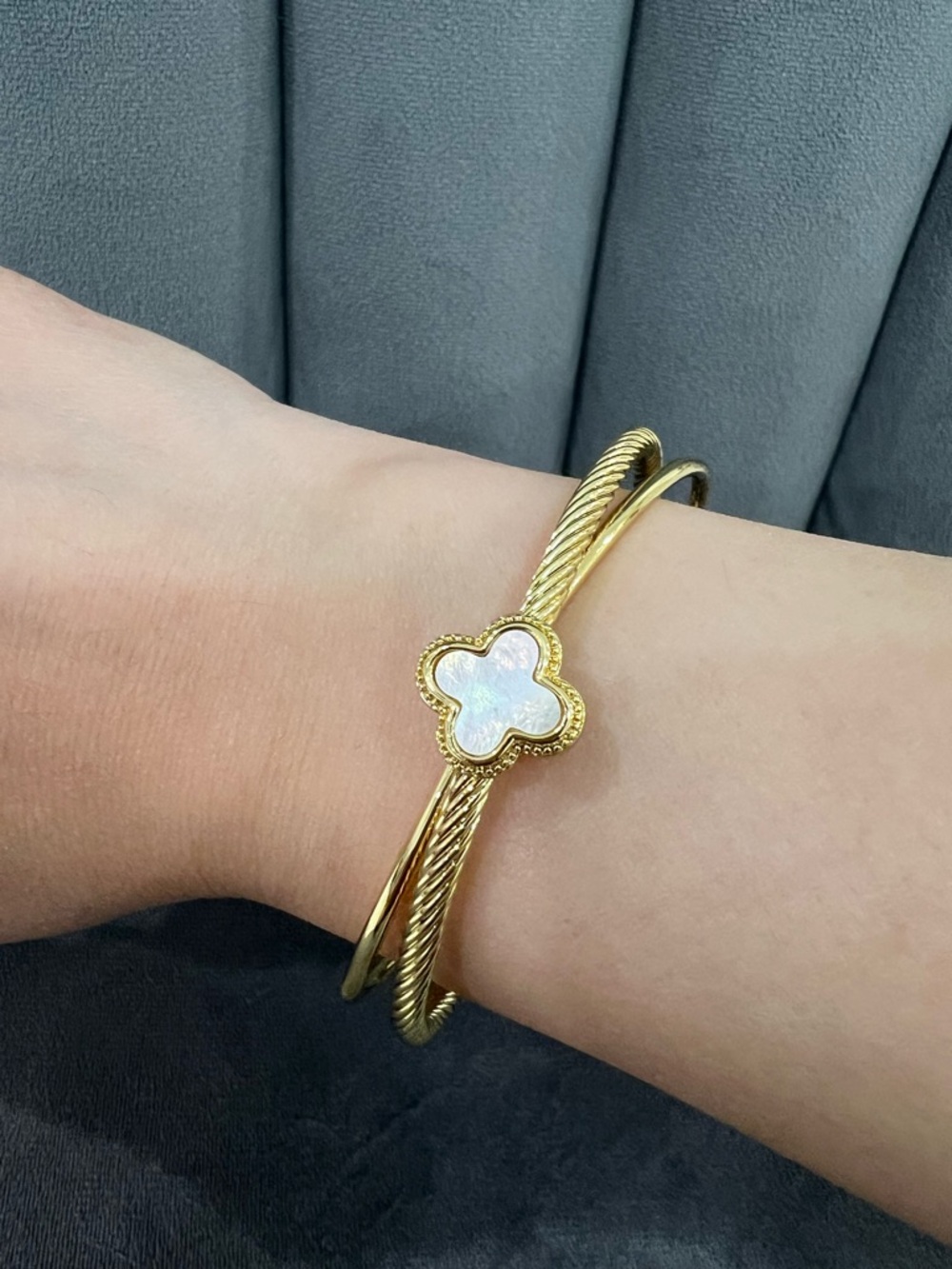 Gold-Tone Open Cuff Bangle with White Clover Accent